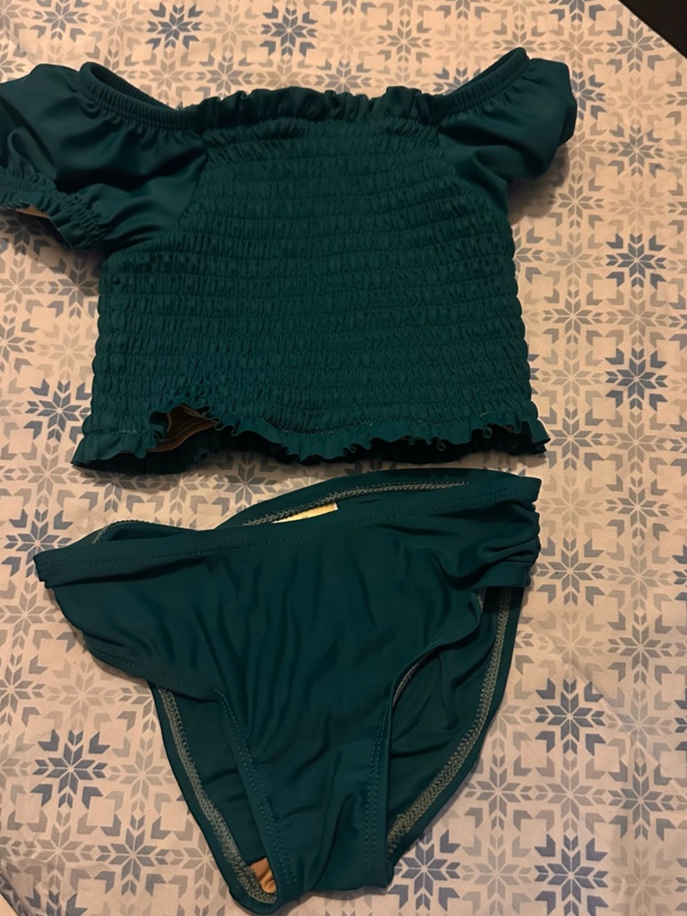 Old Navy Teal Crop Ruffle Swim Top with Black and White Striped Bikini Bottoms